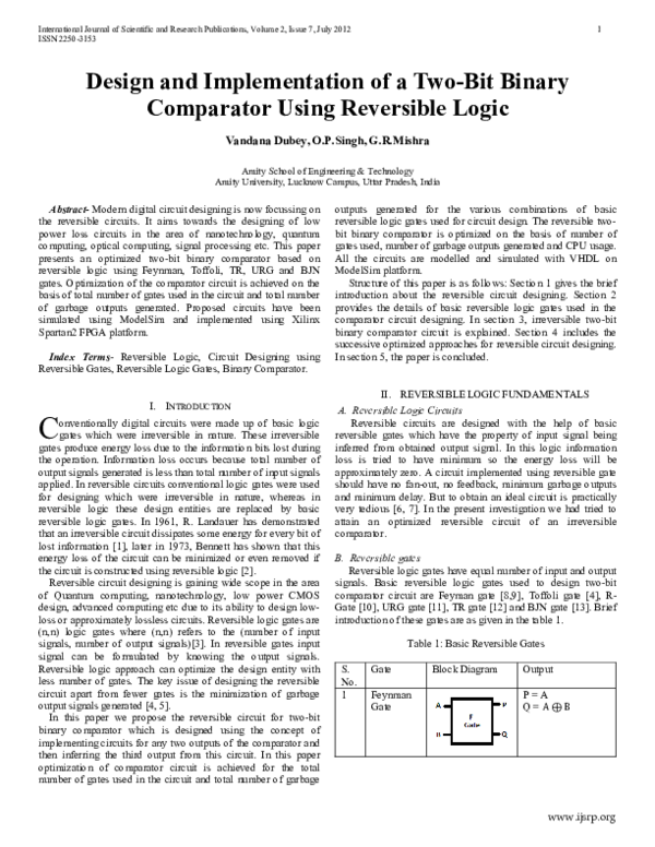 (PDF) Design and Implementation of a Two-Bit Binary Comparator Using ...