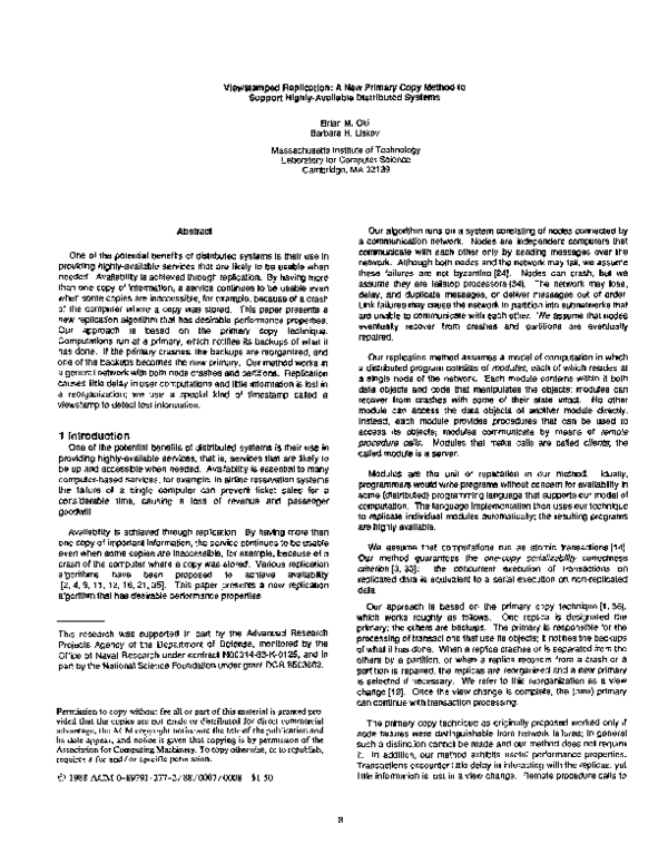 (PDF) Viewstamped replication: a general primary copy