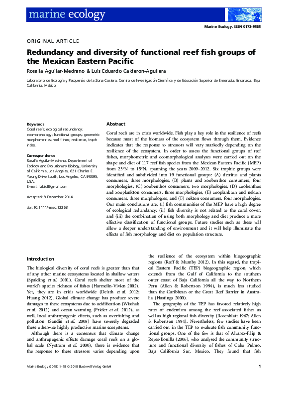 (PDF) Redundancy and diversity of functional reef fish groups of the ...