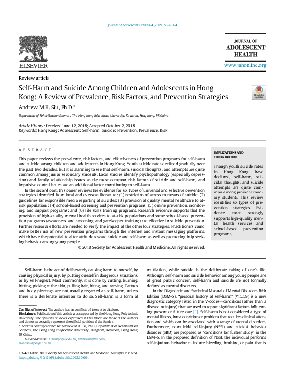 (PDF) Self-Harm and Suicide Among Children and Adolescents in Hong Kong ...
