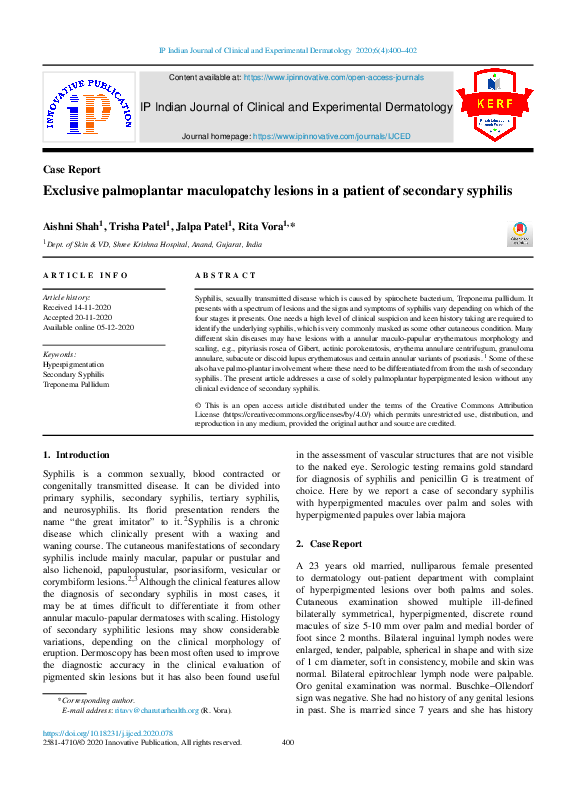(PDF) Exclusive palmoplantar maculopatchy lesions in a patient of ...