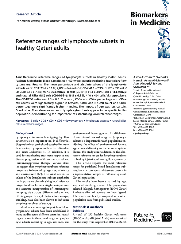 (PDF) Reference Ranges of Lymphocyte Subsets in Healthy Individuals ...