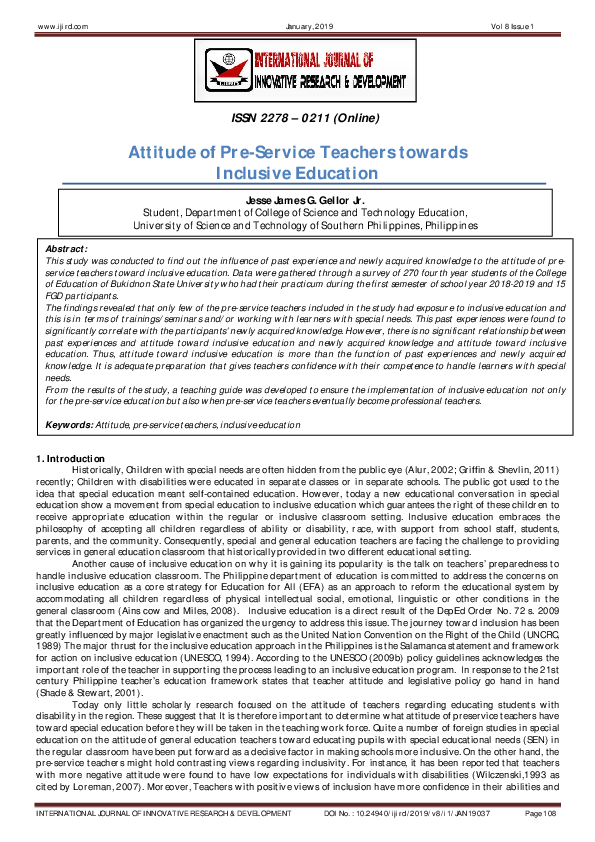 (PDF) Attitude of Pre-Service Teachers towards Inclusive Education