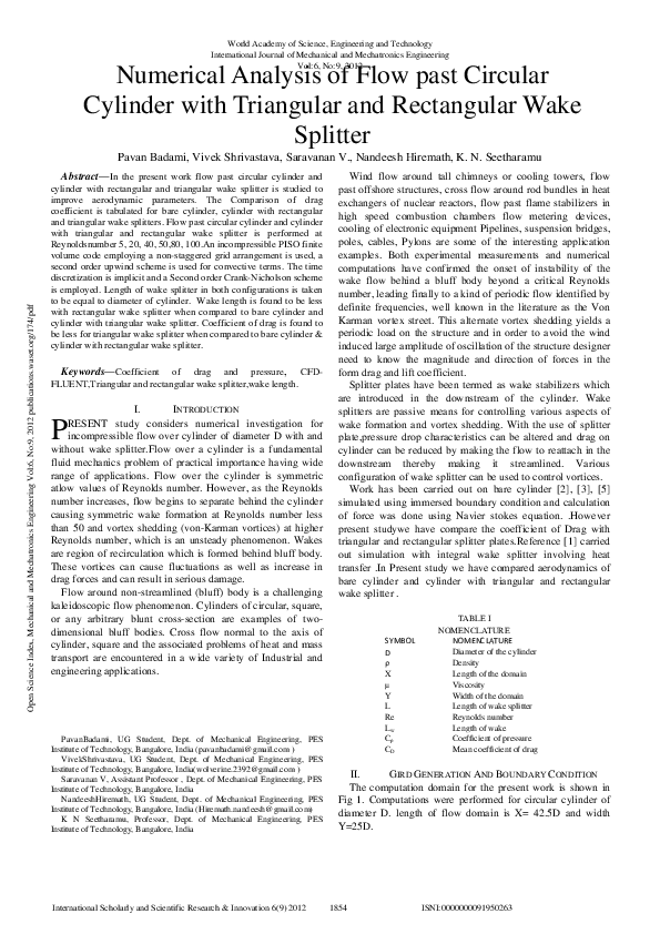 (PDF) Numerical Analysis of Flow past Circular Cylinder with Triangular ...