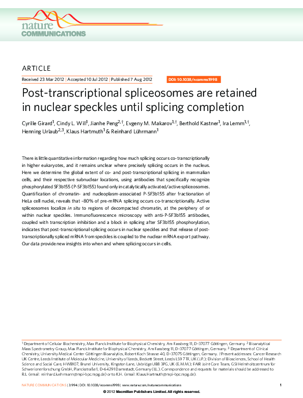 (PDF) Post-transcriptional spliceosomes are retained in nuclear ...