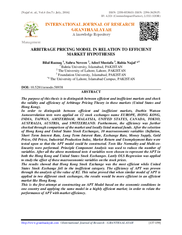 (PDF) Arbitrage Pricing Model in Relation to Efficient Market Hypotheses