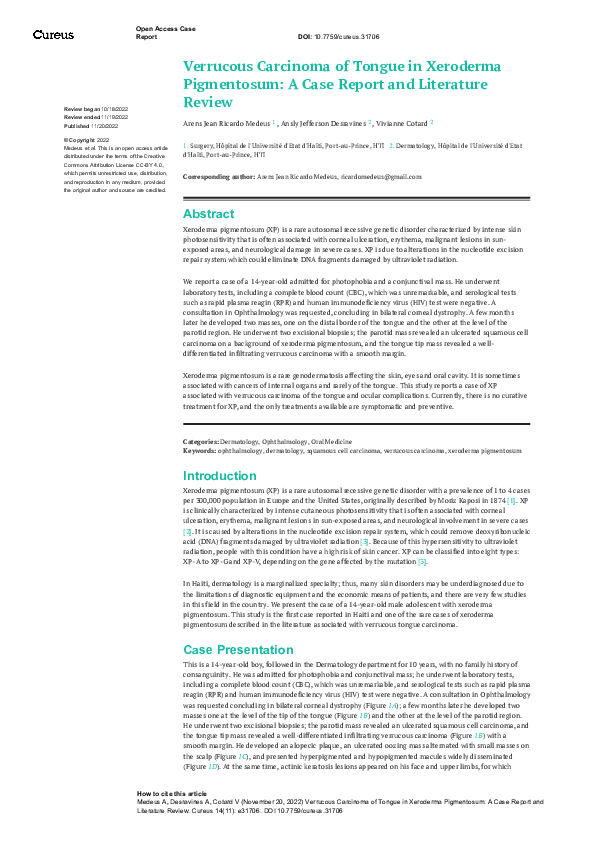 (PDF) Verrucous Carcinoma of Tongue in Xeroderma Pigmentosum: A Case ...