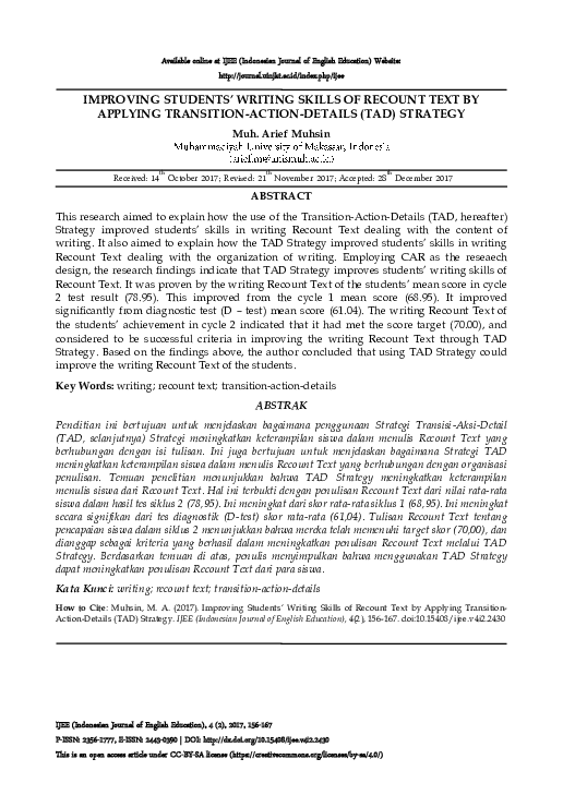 (PDF) Improving Students’ Writing Skills of Recount Text by Applying ...