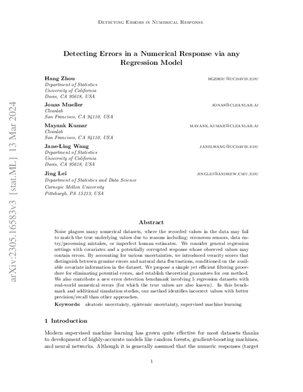 (PDF) Detecting Errors in Numerical Data via any Regression Model