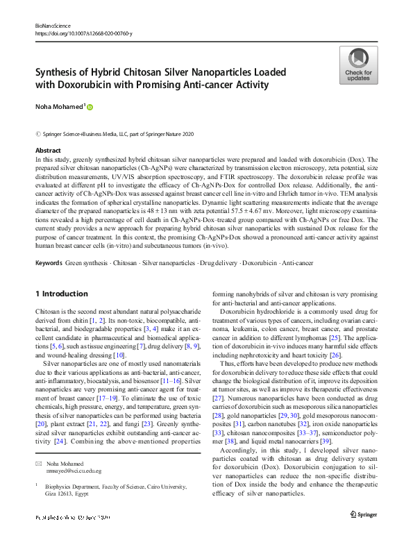 (PDF) Synthesis of Hybrid Chitosan Silver Nanoparticles Loaded with ...