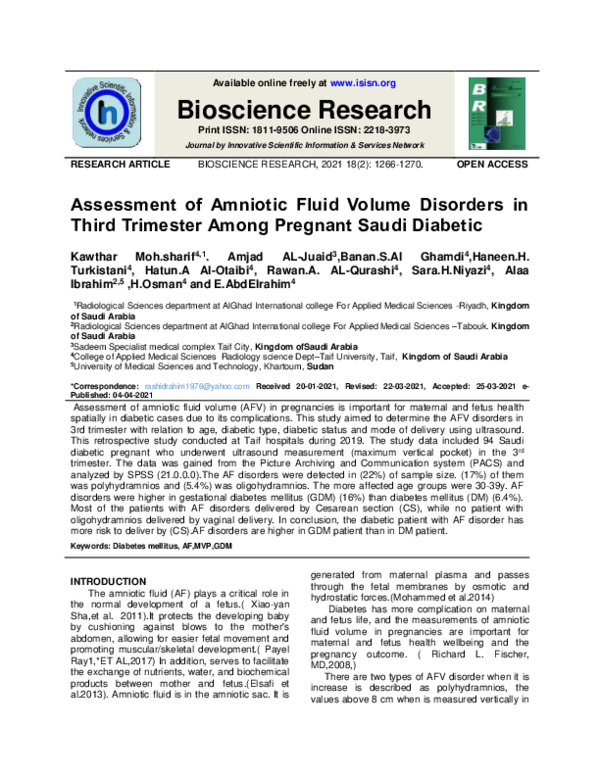 (PDF) Assessment of Amniotic Fluid Volume Disorders in Third Trimester ...