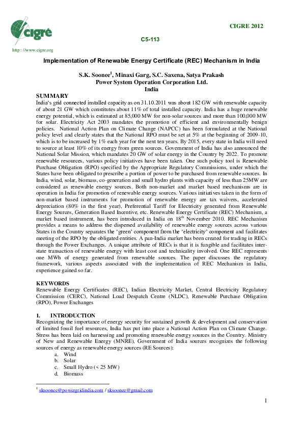 (PDF) Implementation of renewable energy certificate (REC) mechanism in ...
