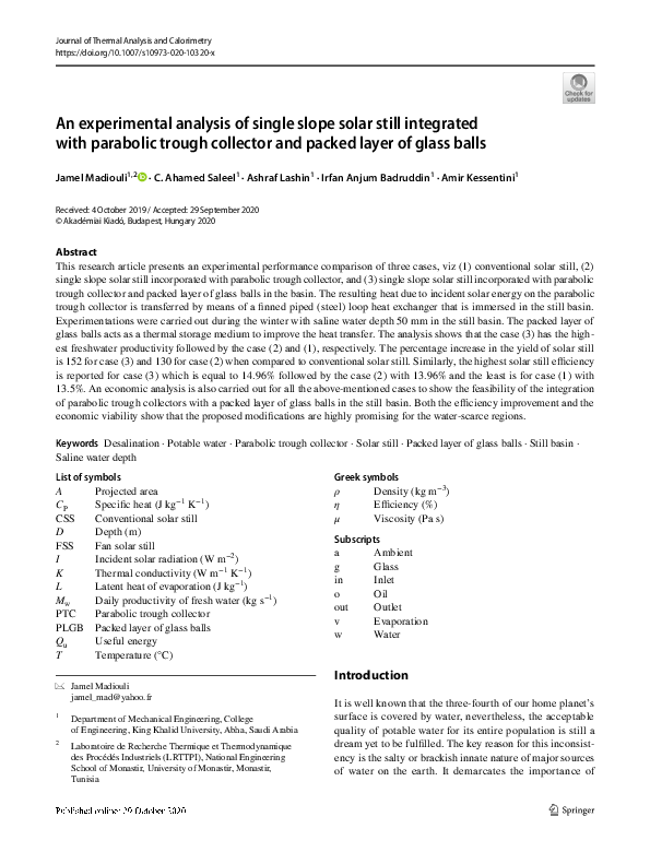 (PDF) An experimental analysis of single slope solar still integrated ...