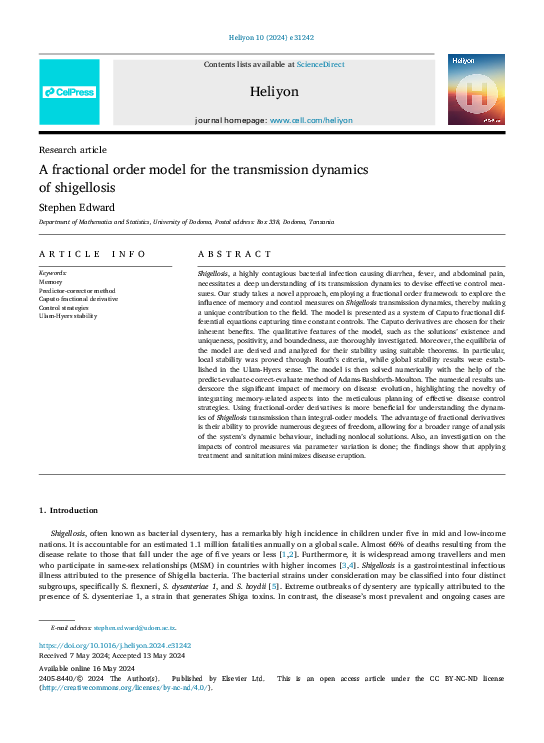 (PDF) A fractional order model for the transmission dynamics of shigellosis