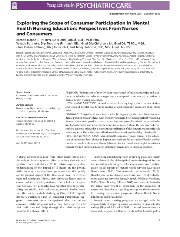(PDF) Exploring the Scope of Consumer Participation in Mental Health ...