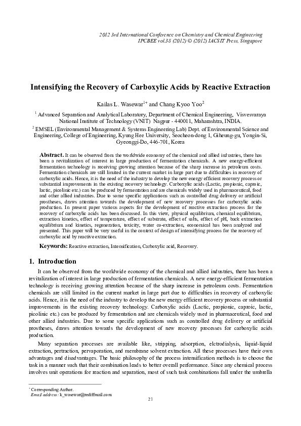 (PDF) Intensifying the Recovery of Carboxylic Acids by Reactive Extraction