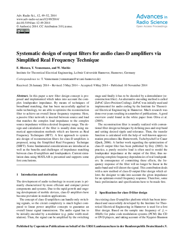 (PDF) Systematic design of output filters for audio class-D amplifiers