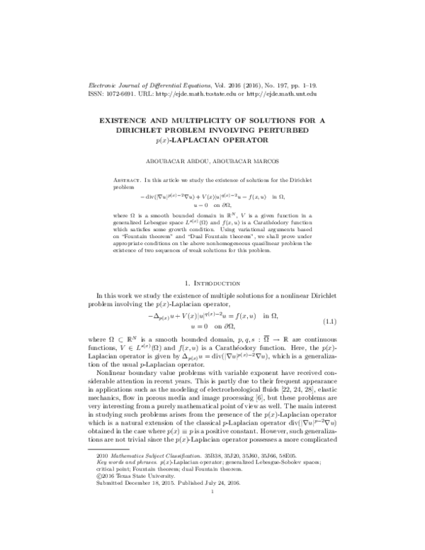 (PDF) Existence and multiplicity of solutions for a Dirichlet problem ...