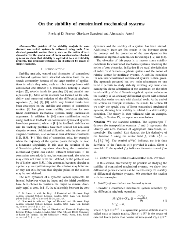 (PDF) On the stability of constrained mechanical systems