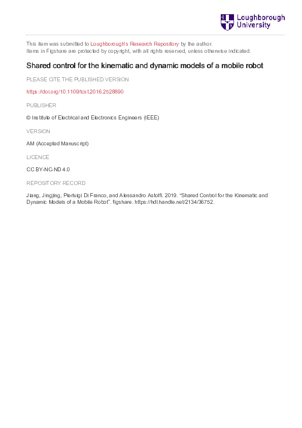 (PDF) Shared Control for the Kinematic and Dynamic Models of a Mobile Robot