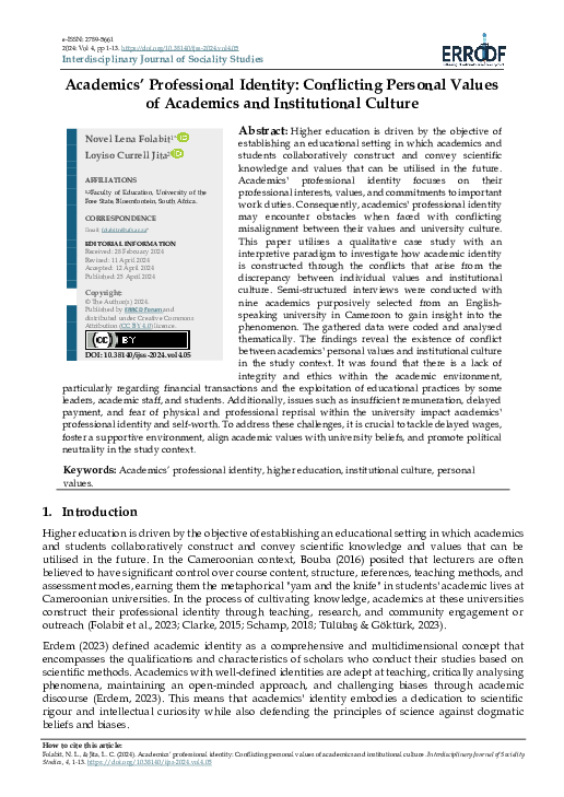 (PDF) Academics' Professional Identity: Conflicting Personal Values of ...