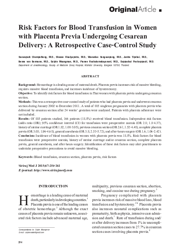 (PDF) Risk Factors for Blood Transfusion in Women with Placenta Previa ...