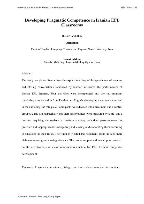 (PDF) Developing Pragmatic Competence in Iranian EFL Classrooms