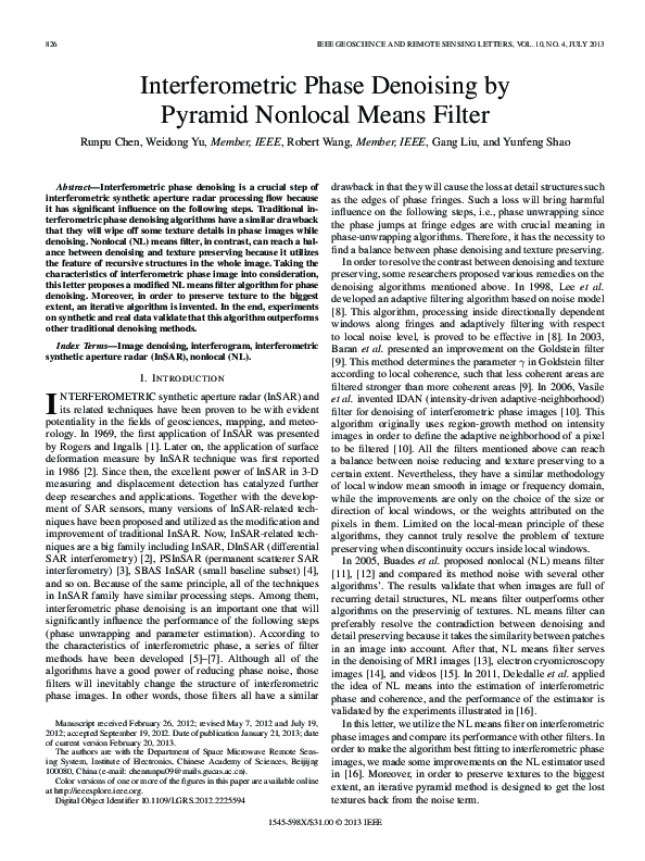(PDF) Interferometric Phase Denoising by Pyramid Nonlocal Means Filter