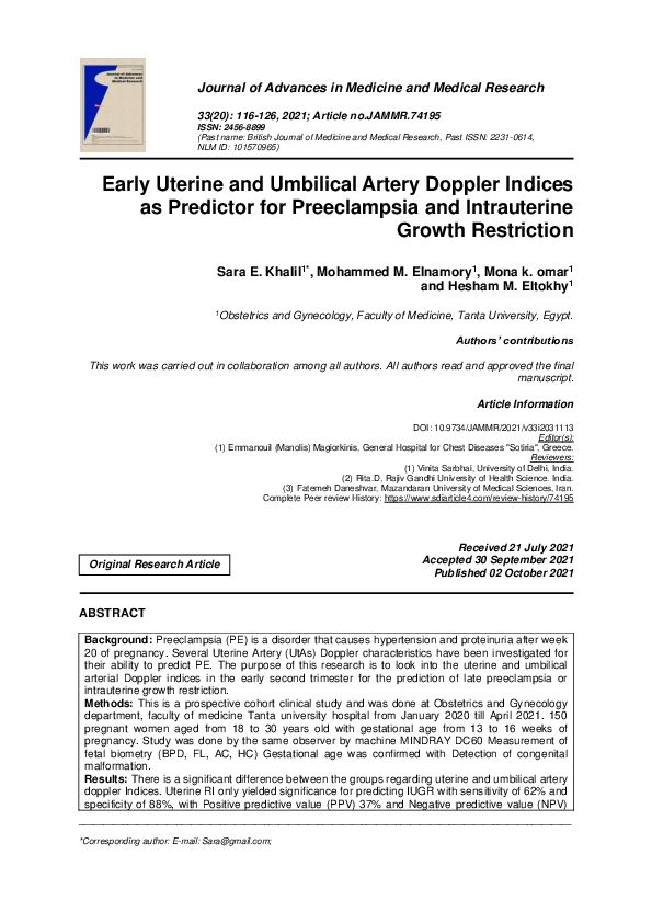 (PDF) Early Uterine and Umbilical Artery Doppler Indices as Predictor ...