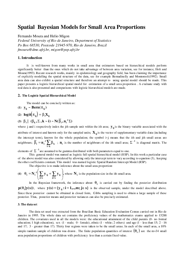 (PDF) Spatial Bayesian Models for Small Area Proportions