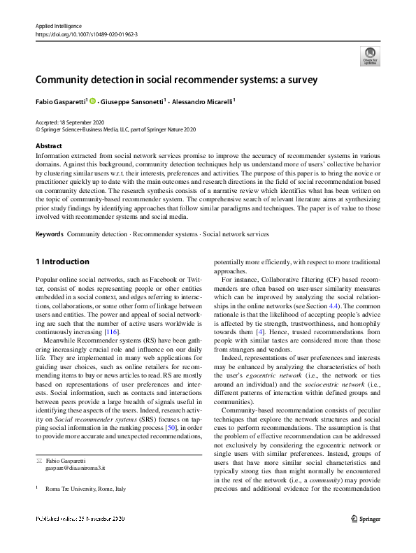 (PDF) Community detection in social recommender systems: a survey