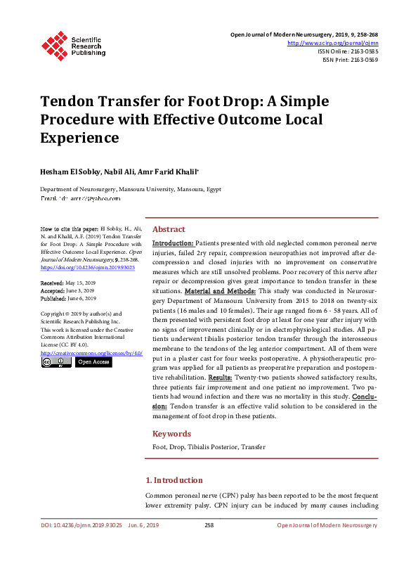 (PDF) Tendon Transfer for Foot Drop: A Simple Procedure with Effective ...