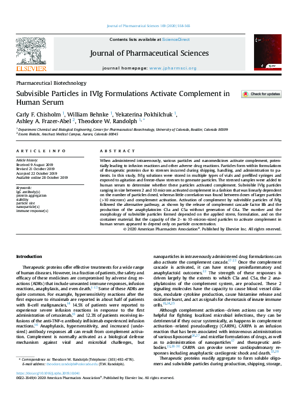 (PDF) Subvisible Particles in IVIg Formulations Activate Complement in ...