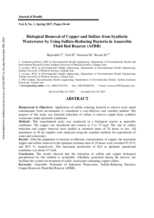 (PDF) Biological Removal of Copper and Sulfate from Synthetic ...