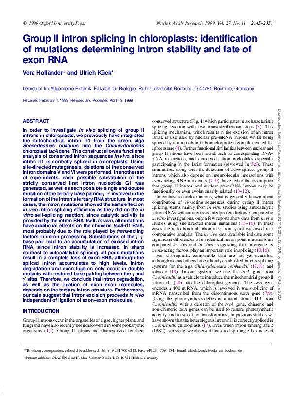 (PDF) Group II intron splicing in chloroplasts: identification of ...