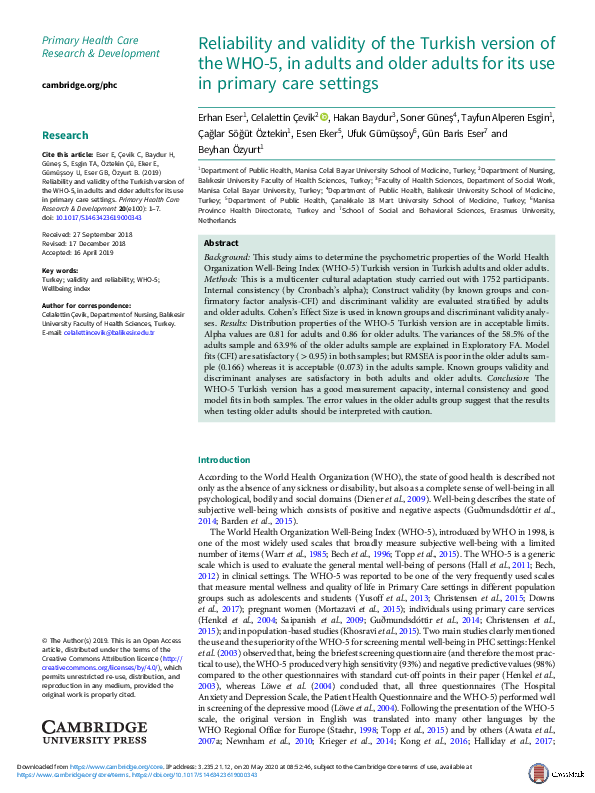 (PDF) Reliability and validity of the Turkish version of the WHO-5, in ...