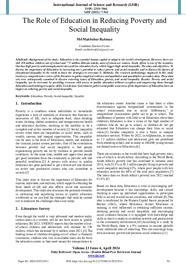 (PDF) The Role of Education in Reducing Poverty and Social Inequality