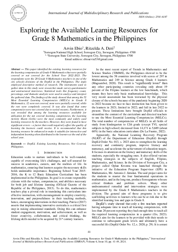 (PDF) Exploring the Available Learning Resources for Grade 8 ...