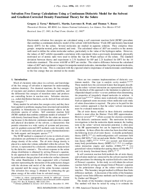 (PDF) Solvation Free Energy Calculations Using a Continuum Dielectric ...