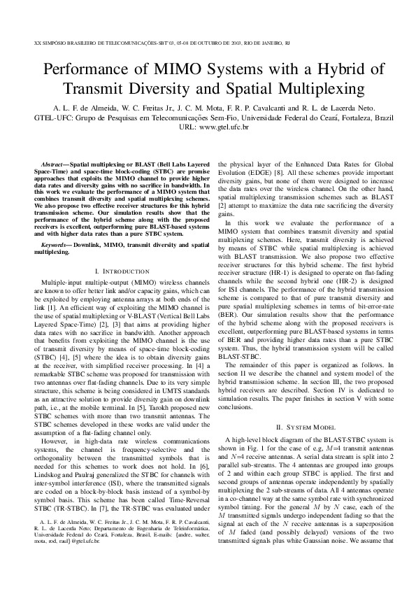 (PDF) Performance of MIMO Systems with a Hybrid of Transmit Diversity ...