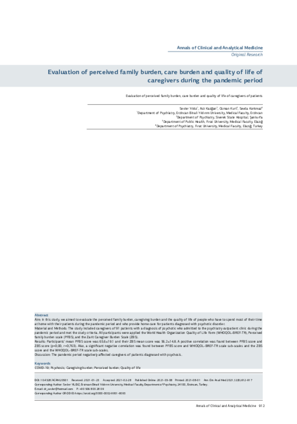 (PDF) Evaluation of perceived family burden, care burden and quality of ...