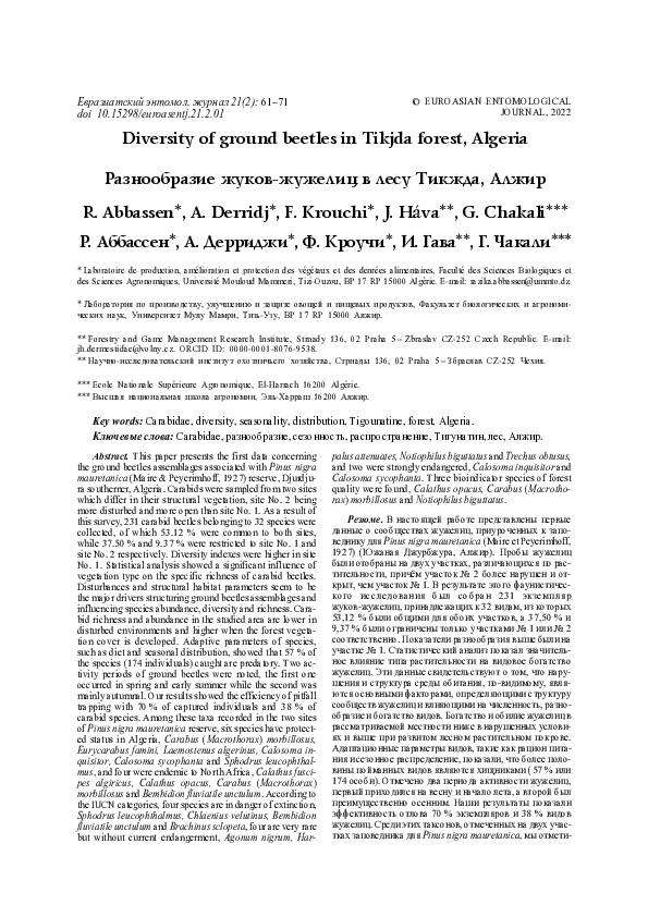 (PDF) Diversity of ground beetles in Tikjda forest, Algeria