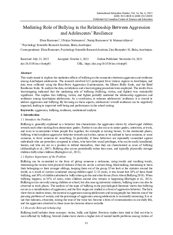 (PDF) Mediating Role of Bullying in the Relationship Between Aggression ...