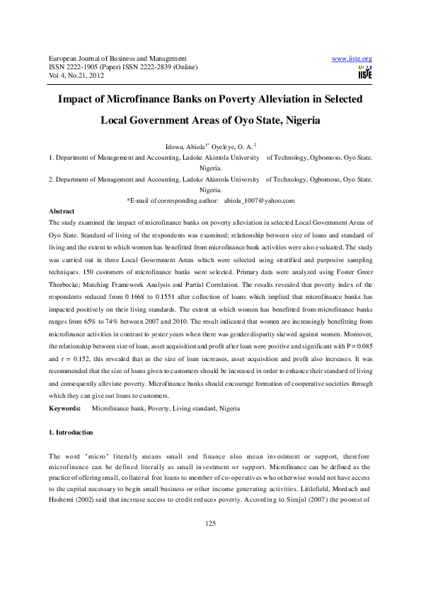 (PDF) Impact of Microfinance Banks on Poverty Alleviation in Selected ...