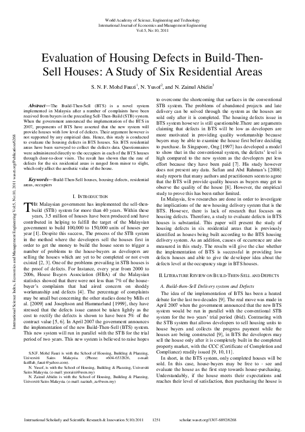 Evaluation Of Housing Defects In Build-Then- Sell Houses: A Study Of ...