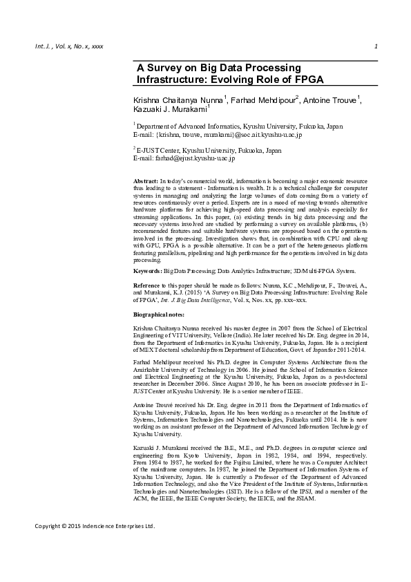 (PDF) A survey on big data processing infrastructure: evolving role of FPGA