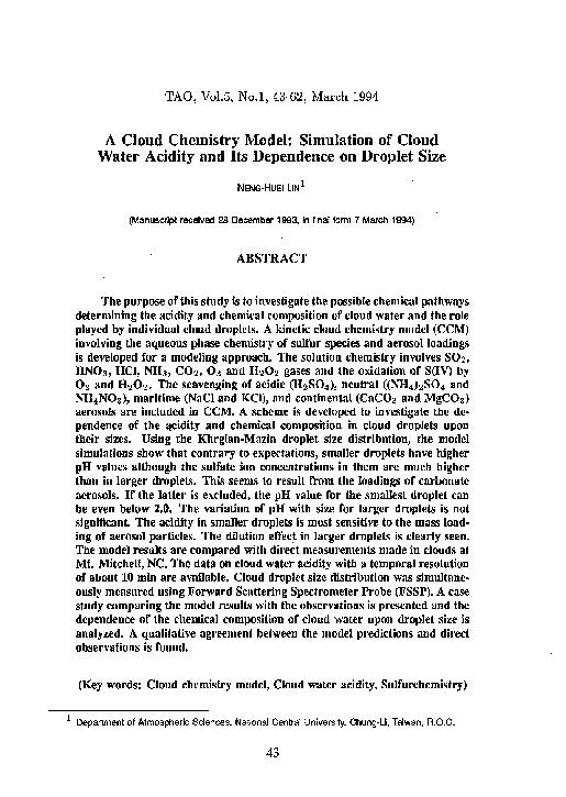 (PDF) A Cloud Chemistry Model: Simulation of Cloud Water Acidity and ...