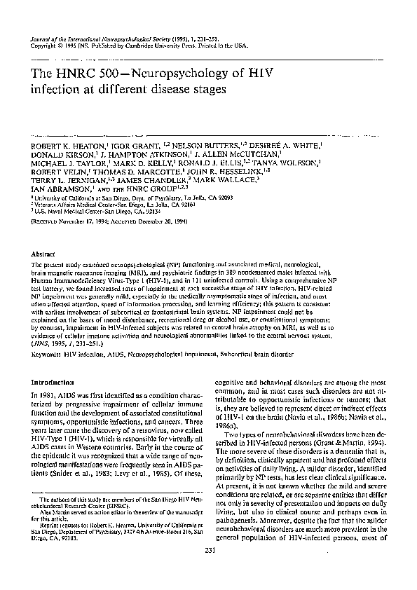 (PDF) The HNRC 500-Neuropsychology of Hiv infection at different ...