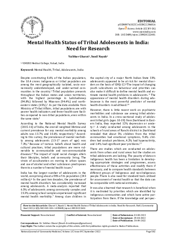 (PDF) Mental Health Status of Tribal Adolescents in India: Need for ...