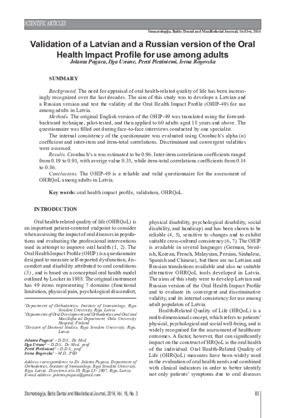 (PDF) Validation of a Latvian and a Russian version of the Oral Health ...